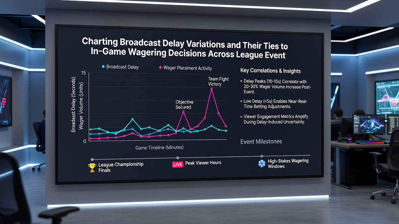 Chart displaying average broadcast delay times by league and platform alongside corresponding live betting volume spikes