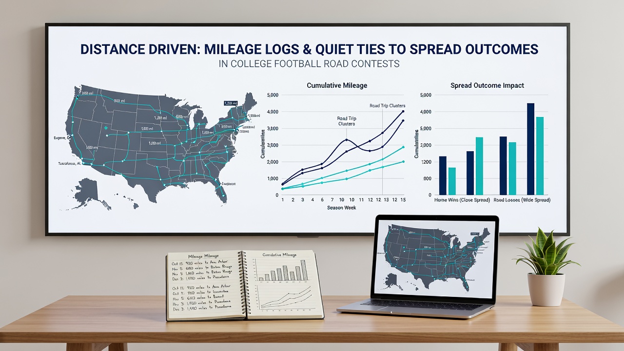 Analytics dashboard displaying college football mileage logs next to spread outcome charts