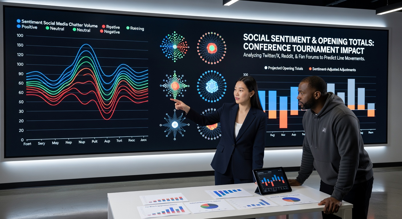 Social media analytics dashboard displaying sentiment trends for college basketball conference tournament games with volume spikes and keyword tracking