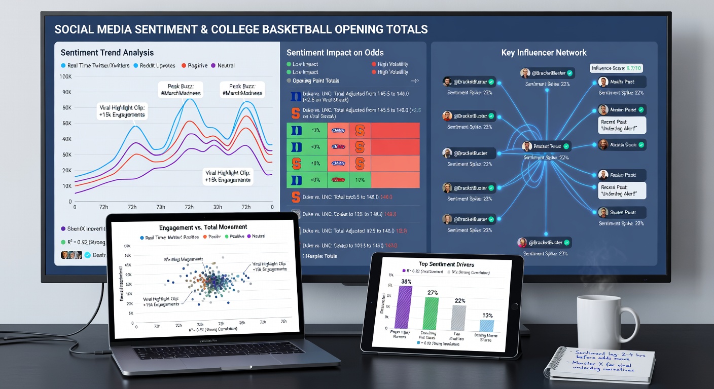 College basketball fans engaging on social media during a conference tournament game with overlaid sentiment analysis graphs showing real-time shifts