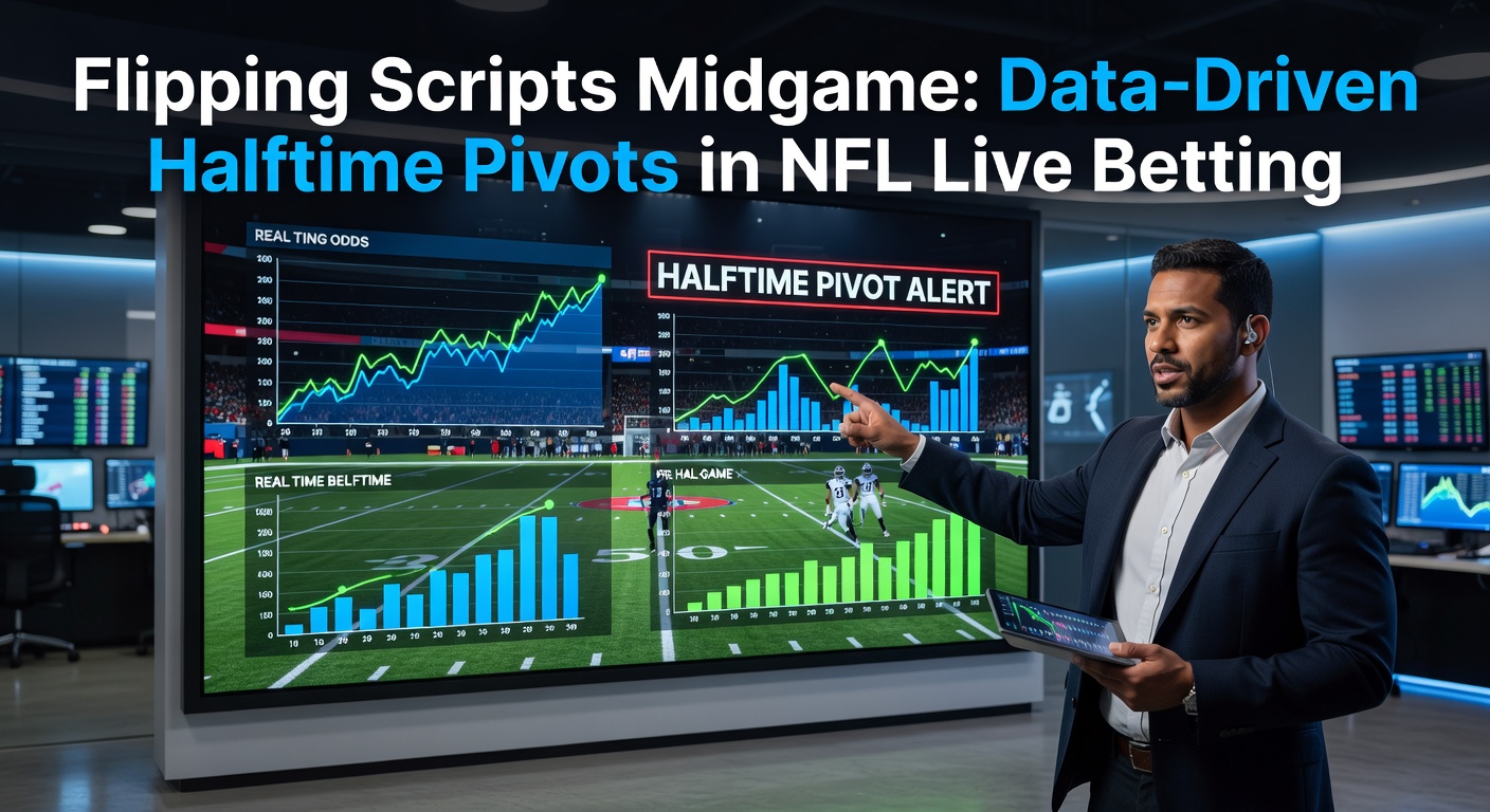 NFL players huddling at halftime with betting odds overlay showing live pivot opportunities