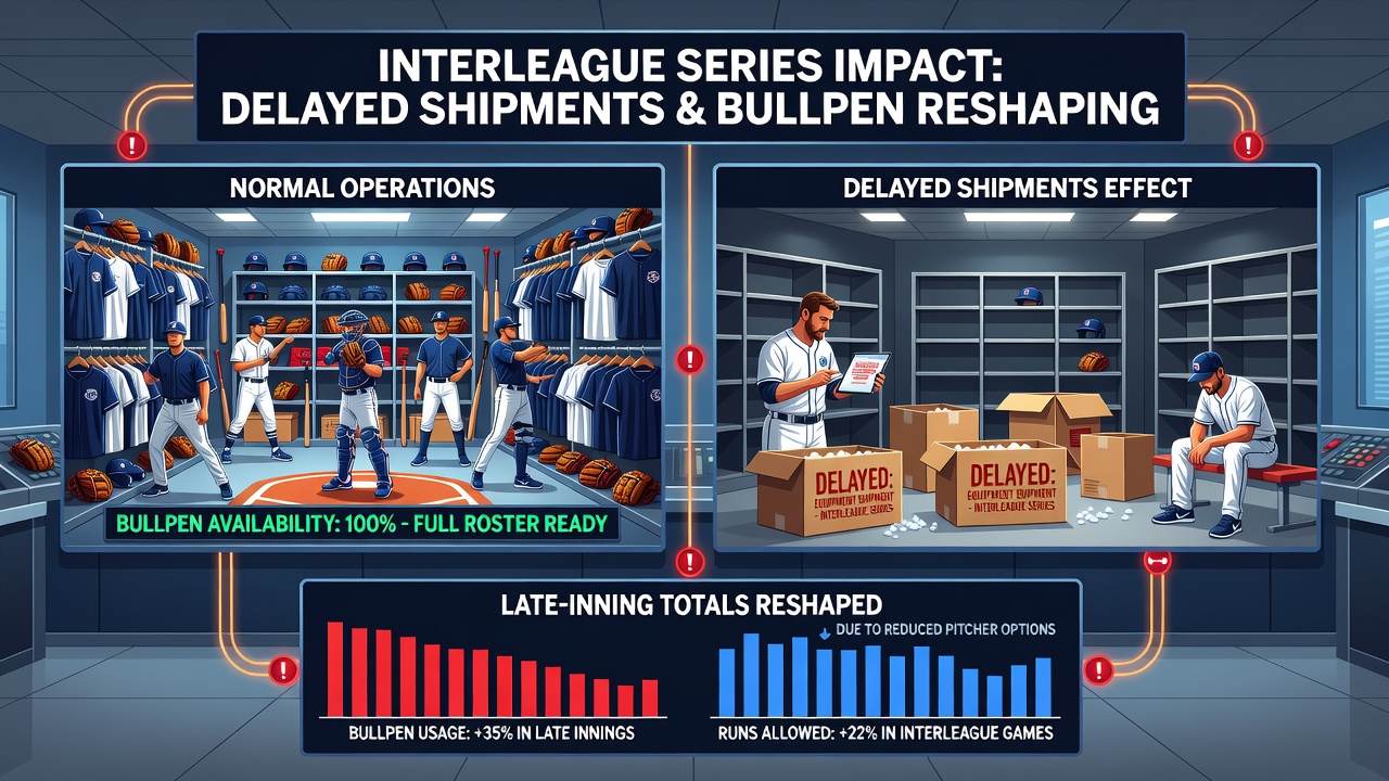 MLB bullpen pitchers preparing equipment amid shipping delays during interleague play