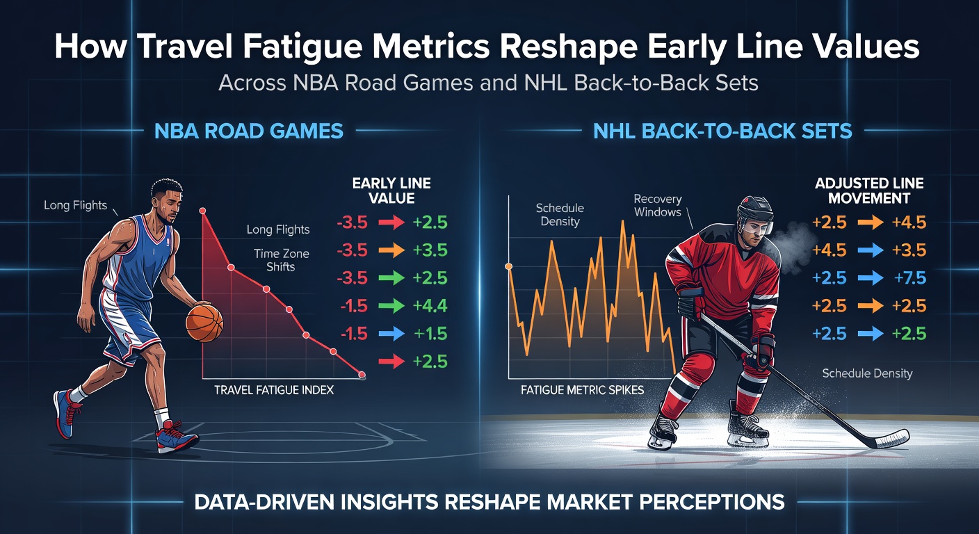 Data visualization showing travel fatigue metrics impacting NBA and NHL betting lines