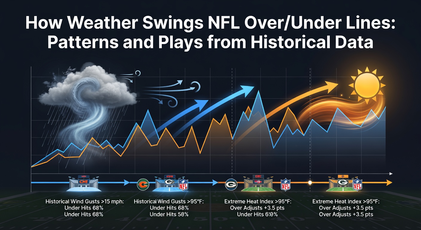 Historical chart of NFL over/under outcomes correlated with wind speed and precipitation levels across outdoor stadiums