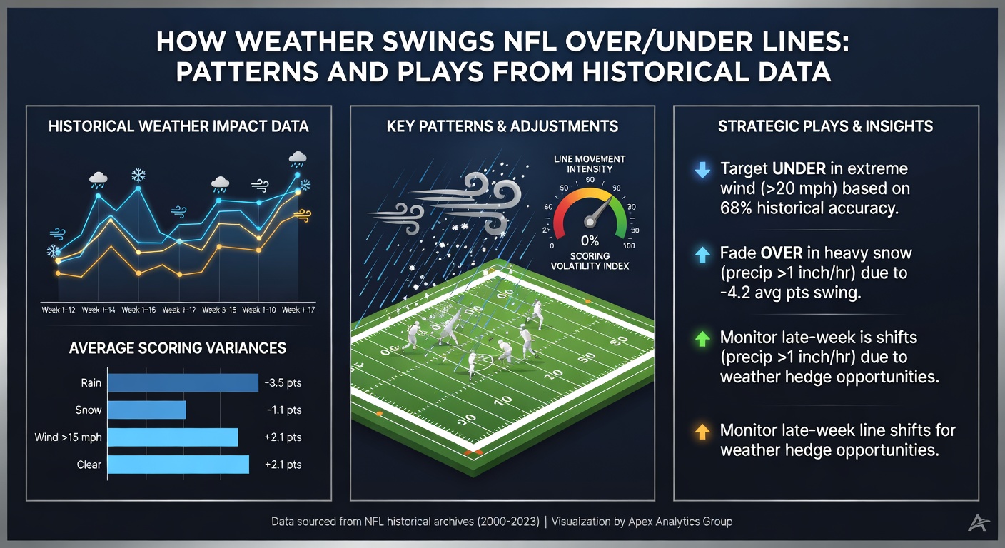 NFL stadium in heavy snow with players battling low visibility and over/under line adjustments overlaid