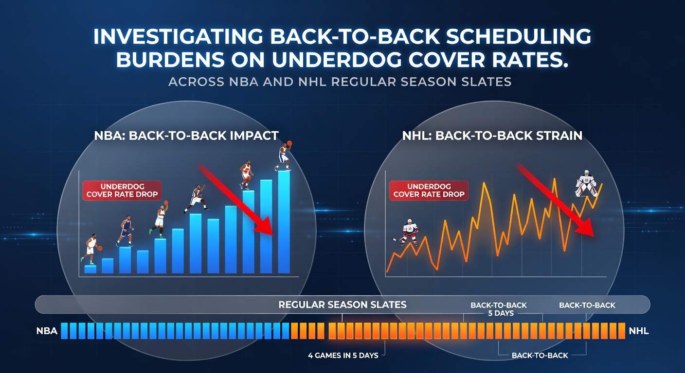 Detailed chart showing back-to-back game impacts on NBA and NHL underdog performance metrics across recent regular seasons