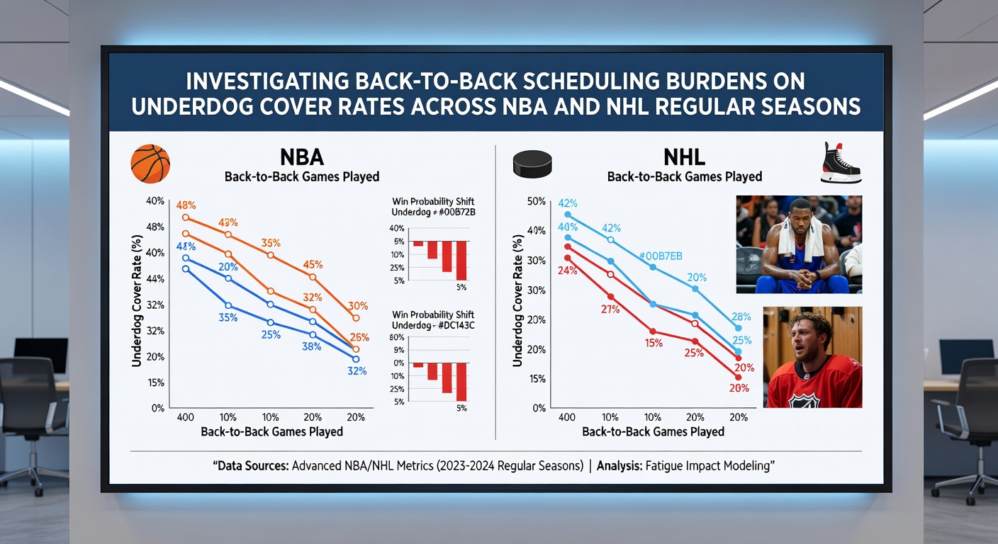 Infographic comparing NHL and NBA underdog cover percentages in back-to-back versus standard rest scenarios during 2025-2026 regular season
