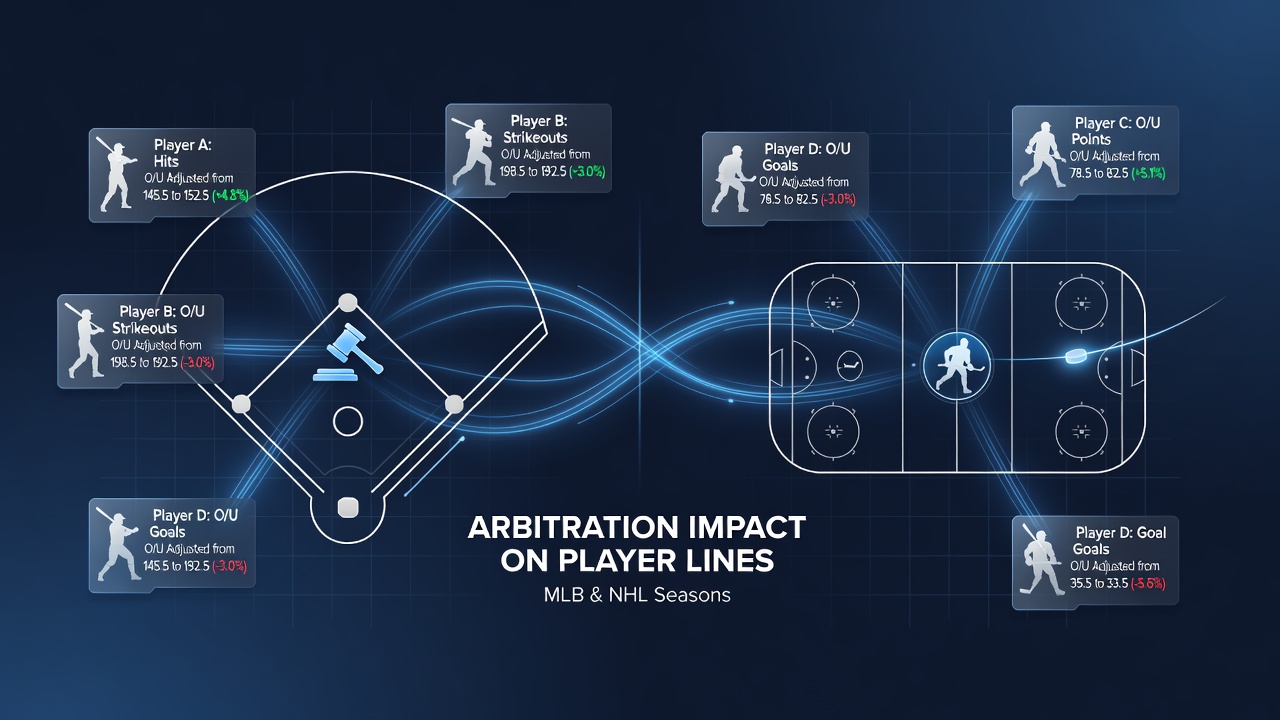Arbitration hearing room with documents and betting line charts overlaid on MLB and NHL player stats