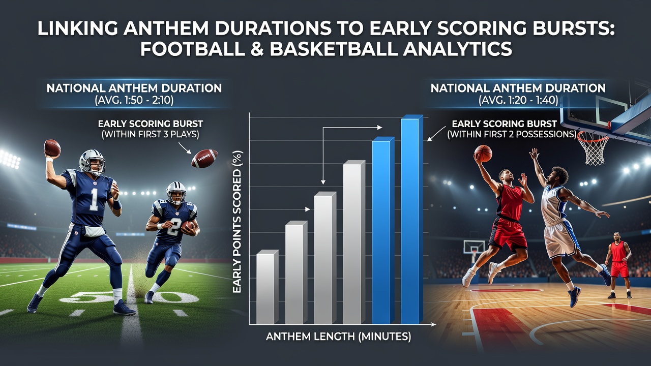 Chart displaying scoring burst percentages tied to anthem length variations in professional football and basketball