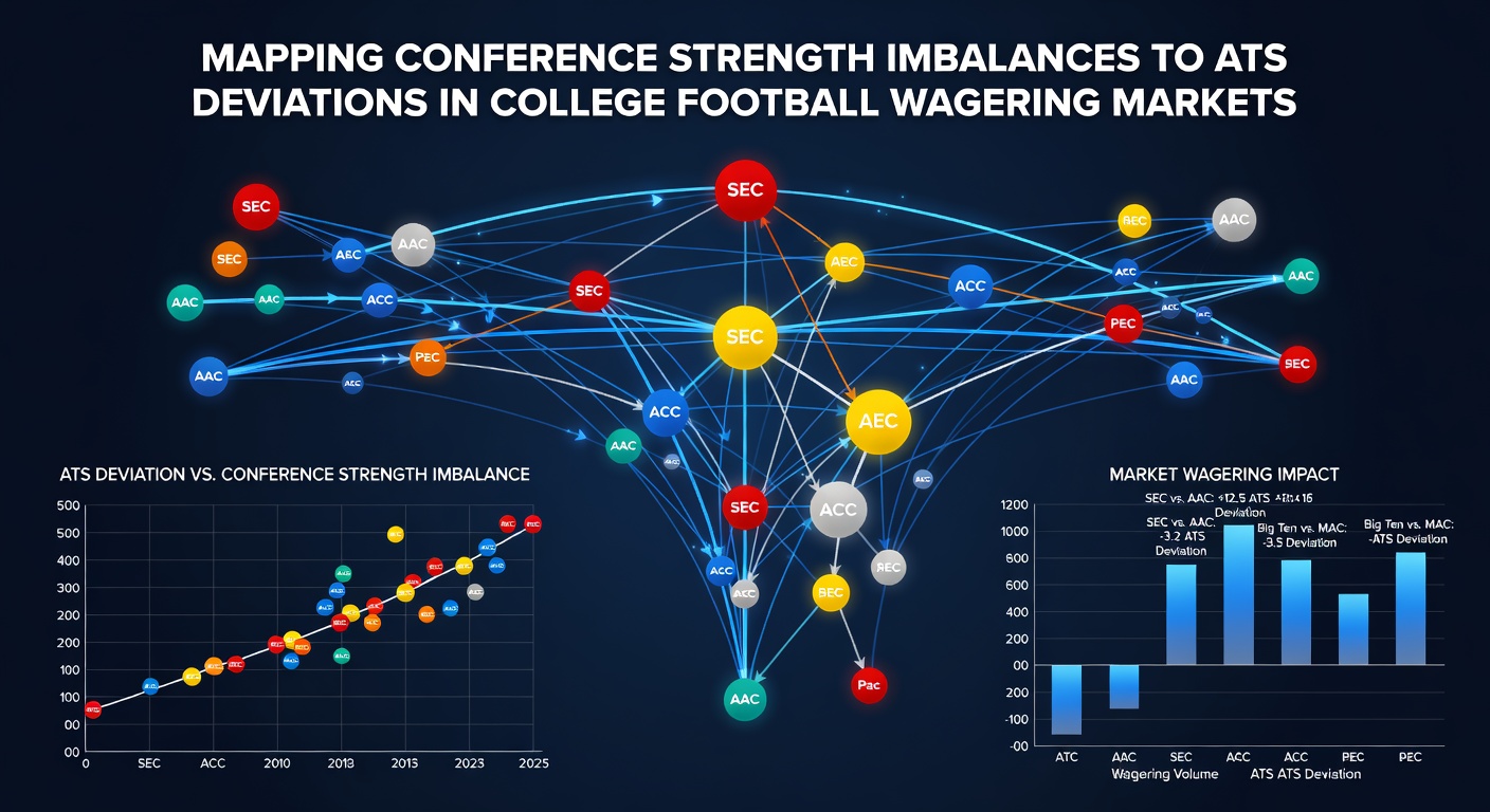 Chart showing conference strength ratings versus ATS deviation percentages across major college football leagues from 2018 to 2025