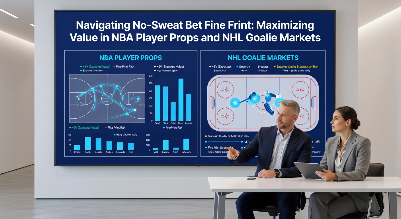 Split-screen graphic showing NBA player prop bet slip next to NHL goalie saves over/under odds, with no-sweat promo icons overlaid