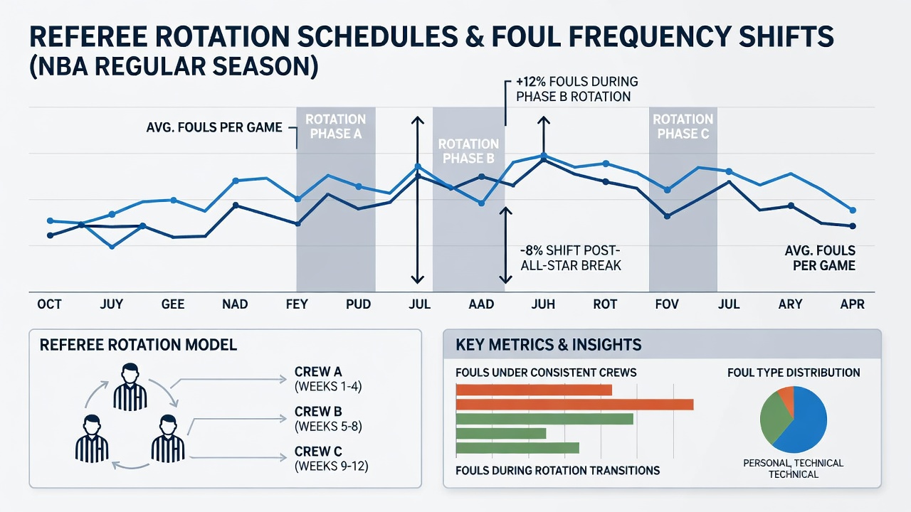 Detailed NBA stat charts showing foul frequency variations tied to different referee rotation groups