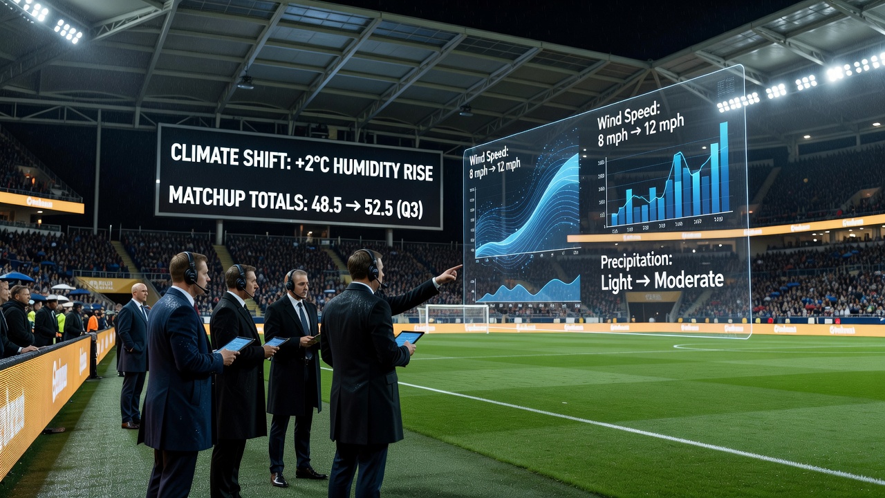 Data visualization charts displaying scoring totals and climate metrics from NFL primetime games in climate-controlled stadiums