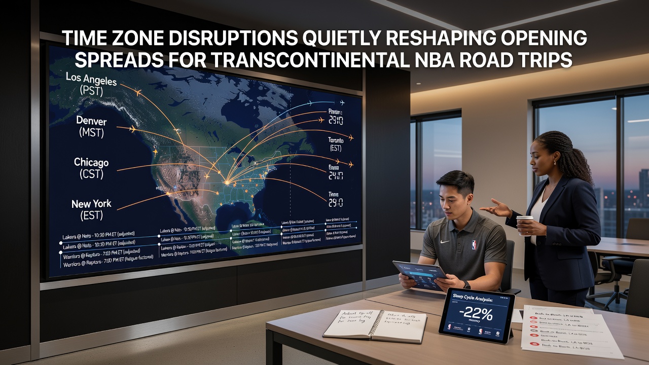 NBA teams traveling across multiple time zones during road trips, showing flight routes and schedule impacts on performance