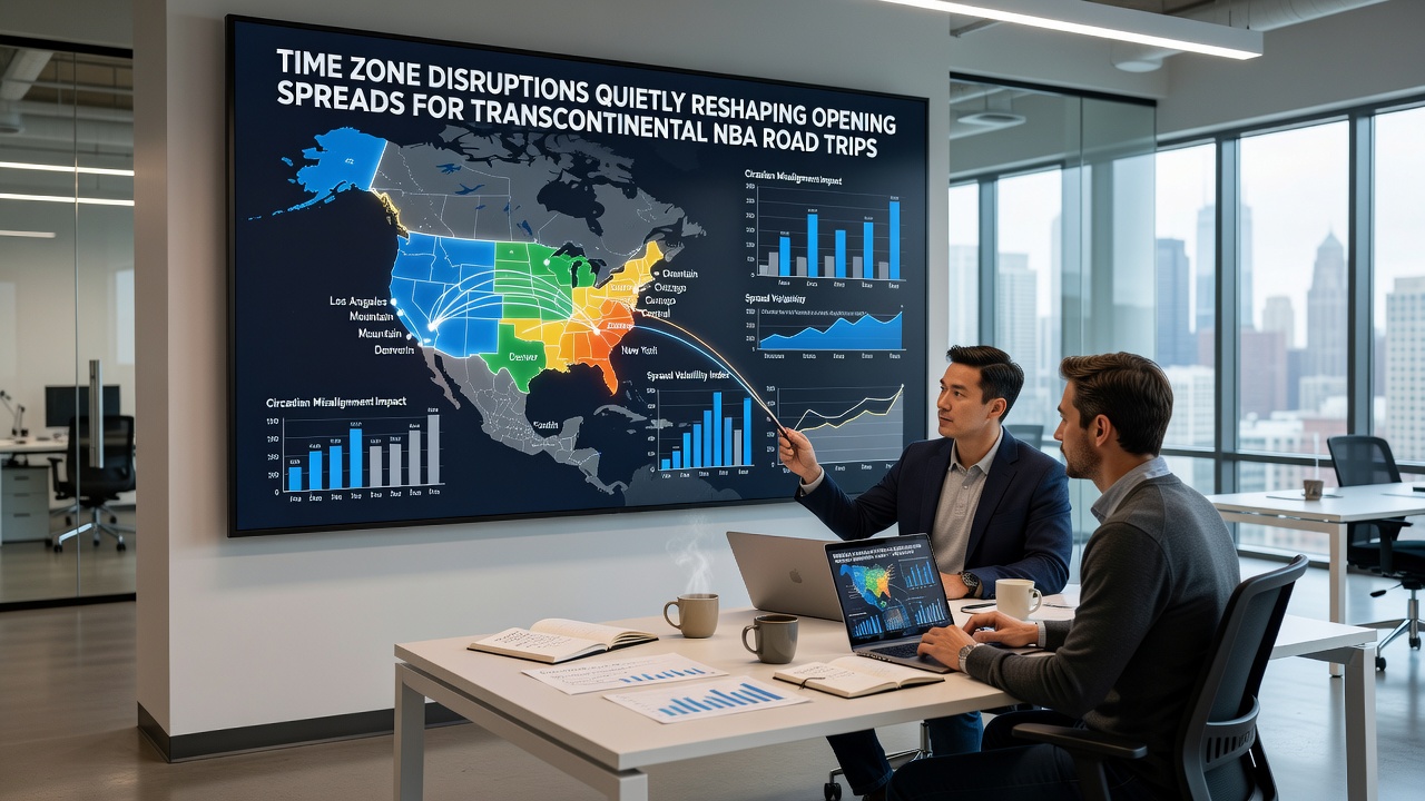 Detailed view of NBA schedule grids highlighting transcontinental trips and associated spread adjustments