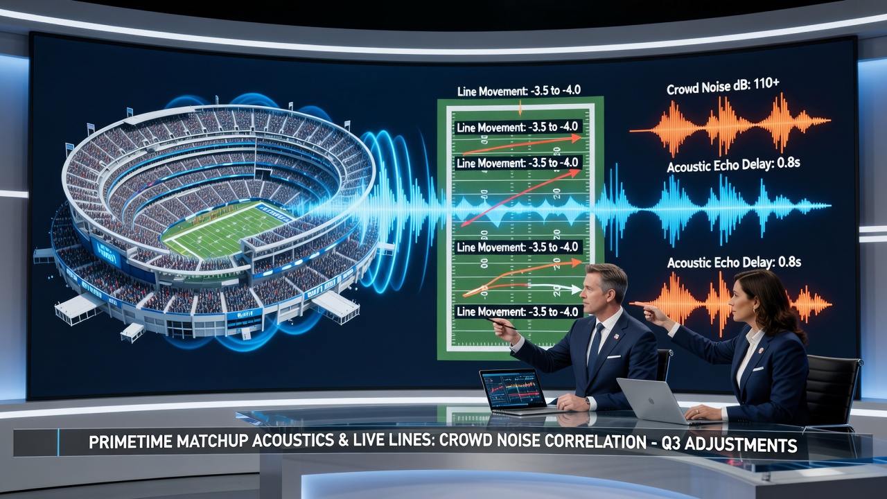 Crowd noise patterns in a packed NFL stadium during primetime matchup affecting gameplay dynamics