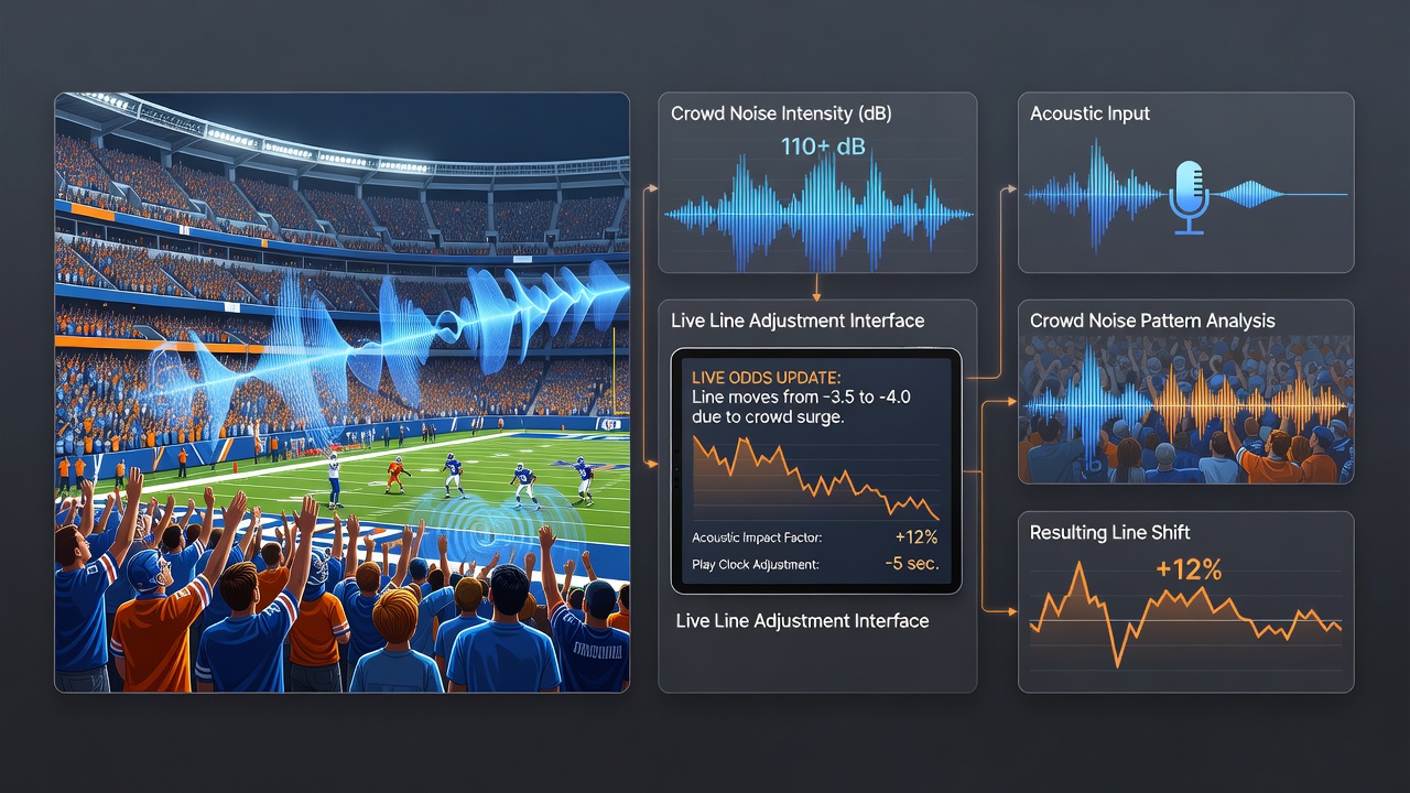 Live betting interface displaying line adjustments during an NFL primetime game influenced by crowd acoustics