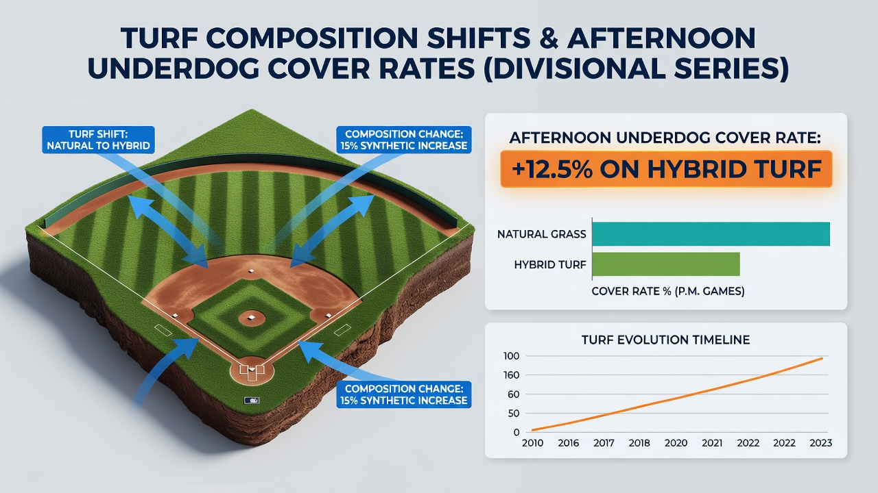 Aerial view of MLB ballpark turf transitioning from natural grass to hybrid blend during afternoon divisional game