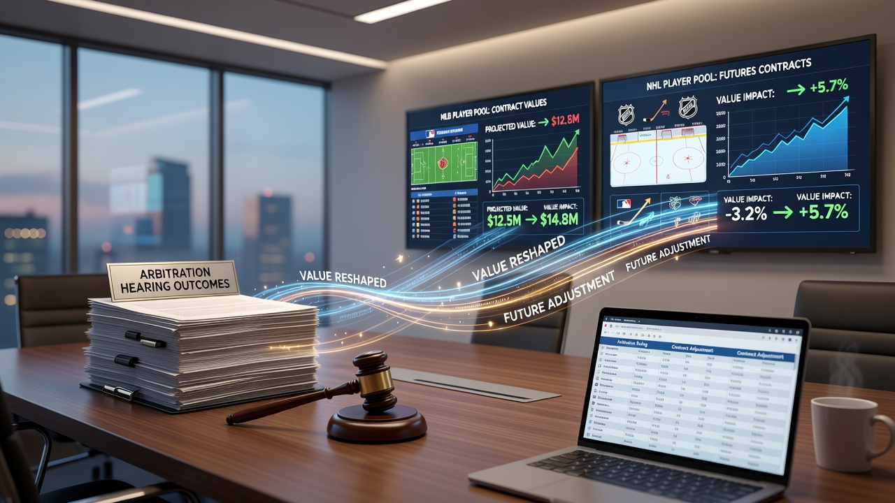 Arbitration hearing documents and betting charts showing futures contract shifts in MLB and NHL