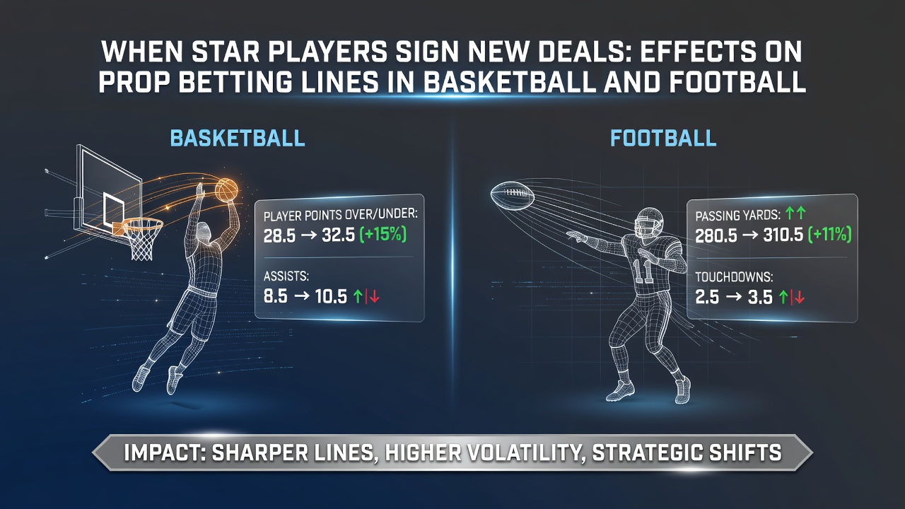 NFL and NBA betting odds boards showing prop line changes after star player contract announcements